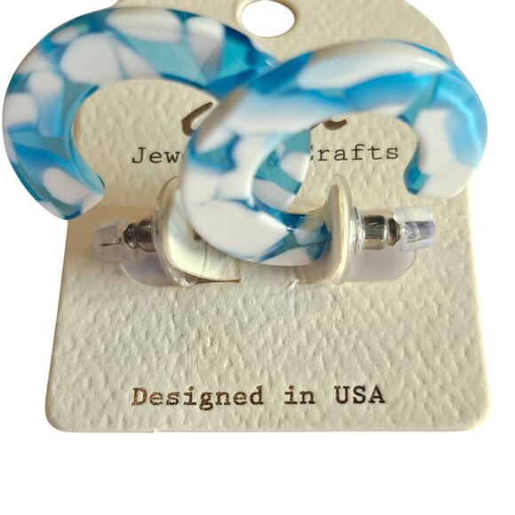 Blue White Resin Hoop Earrings Marbled Acrylic 1.16" Chunky Pierced w/ Gift bag - Picture 3 of 7